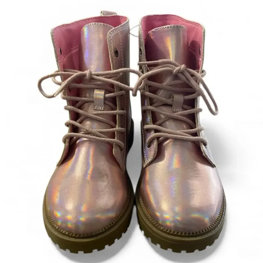 Old Navy Girls Combat Boots Size 4 Shimmer Pink Metallic Lace Up Girl Glam NEW